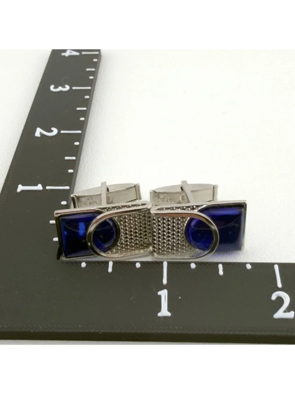 Vintage Rectangular Silver Tone Cufflinks With Blue Glass Accent